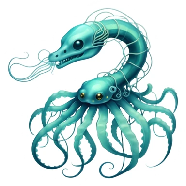 A phosphorescent deep-sea serpent made of electric wires and cables with translucent scales that reveal its glowing skeleton, possessing both jellyfish-like tendrils and the ability to generate electrical pulses that illuminate the ocean depths. sticker