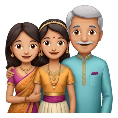Indian family with a 70 years old father and mother and a 40 years old daughter. They wear a traditional dress. They are smiling. sticker