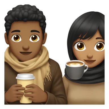 LIGHT BROWN SKIN BOY, with SHORT STRAIGHT BLACK HAIR and a TAN SKIN GIRL, with BLACK HAIR and BANGS, inside the same blanket sipping coffee sticker