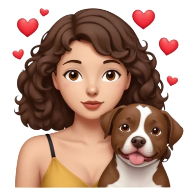 20 year-old young woman with brown hair, medium to dark brown hair, semi long with a little curl and not skinny not fat just a little pudgy sits in the floor with her dog who is a medium brown that looks maybe like a little pitbull in it with hearts, flying all around as she loves on him sticker