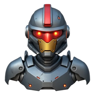 futuristic war robot portrait, head and shoulders only, aggressive design, sharp armor edges, glowing red eyes, battle-damaged helmet faceplate, heavy armor collar, intense dramatic lighting, sci-fi metal textures, 3D cartoon, mobile game icon style, clean background, no text, no watermark
 sticker