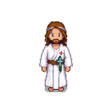 pixel art Jesus, small sprite, brown hair, white robe, cross in background sticker
