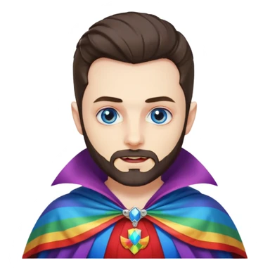 Vampire with blue eyes, short beard/scruff and rainbow cape sticker