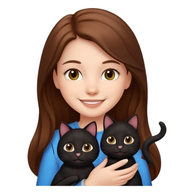 cute white girl with long brown hair, smiling, holding two black cats, emoji style sticker
