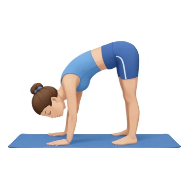 Minimalist flat vector illustration of a woman doing yoga in forward fold pose (Uttanasana), wearing sportswear (blue top and blue shorts), brown hair in a bun, clean white background, no face details, elegant style sticker
