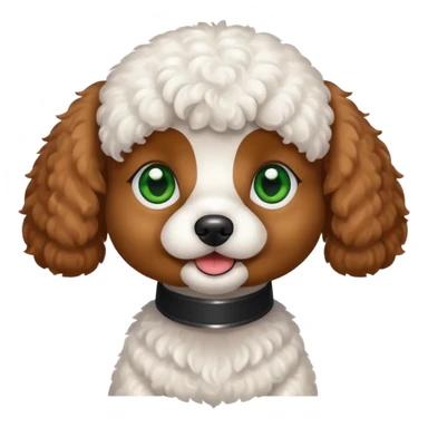 White toy poodle with green eyes and brown nose sticker