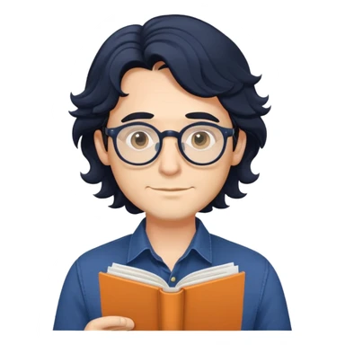 Man with longer wavy black hair, round glasses, dark blue buttoned shirt, holding program booklet for a play sticker