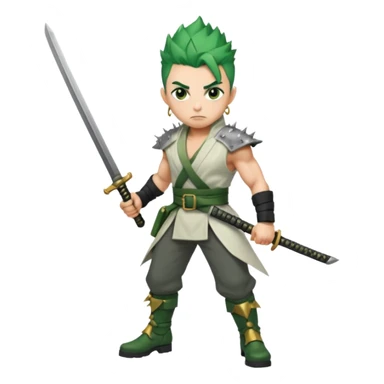 Muscular scarred warrior, short spiky moss-green hair, sharp steel-grey eyes, strong jaw, serious stare. Black trousers, boots, green sash with three katanas, open white coat, three gold earrings. Cinematic, ultra-realistic. (Roronoa Zoro) sticker