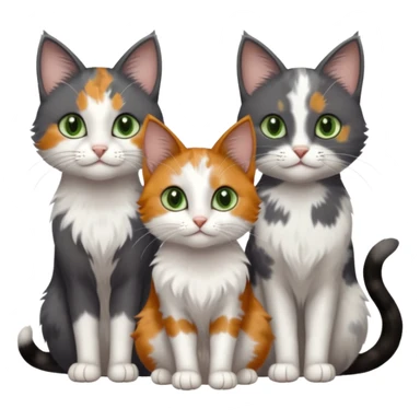 3 different coloured small cats including a dark grey and white, and a patchy calicowith hazel eyes  and a completely solid dark grey with green eyes and only white paws sticker
