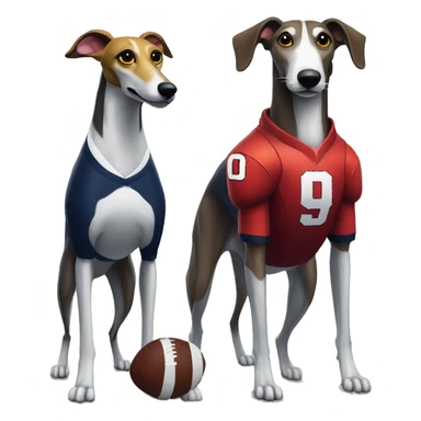 /imagine hyperrealistic tall bipedal greyhound mascot wearing a navy blue and grey football jersey staring at hyperrealistic bipedal cardinal mascot wearing white and yel football jersey sticker