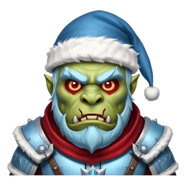 
Fantasy Christmas orc legion soldier icon, iron tundra army theme, heavy winter armor, disciplined brutal look, icy blue steel armor with deep crimson accents, frozen metal texture, cold winter atmosphere, male variant sticker