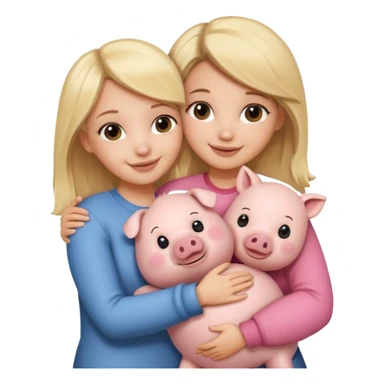 Girlfriends, blonde and brunette, hugging each other with a teddy bear and a little pig. Teddy sticker