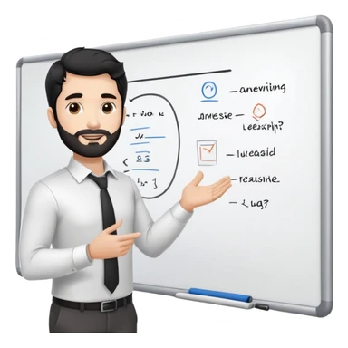 Professional 35-year-old man with black wavy hair, stubble, strong jawline, white skin tone, wearing smart casual business attire, standing in front of a diverse group, facilitating an interactive leadership workshop with whiteboard and participants sticker