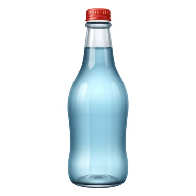 A 3D Apple-style empty soda bottle emoji, classic transparent glass with a narrow neck, no liquid inside, shiny reflective surface, light highlights on the glass, simple round body with a small cap, clean minimal background. sticker