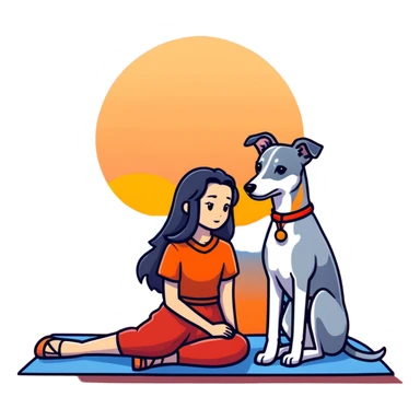 A very beautiful and attractive 25-year-old Chinese woman with long flowing black hair and a SOLID DARK GREY whippet sitting together during a beautiful sunset. The whippet MUST be COMPLETELY SOLID DARK GREY with ABSOLUTELY NO WHITE MARKINGS ANYWHERE - no white chest, no white face, no white paws, no white tip on tail - ENTIRELY ONE SOLID DARK GREY COLOR throughout the entire dog. Orange and red sunset sky in the background. sticker