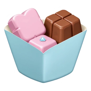 Two square milk chocolate pralines , sharp-edged glossy cubes placed diagonally side by side, each sitting in a small white fluted paper candy cup.
Flat thin pastel pink heart icing centered on top with fine sugar crystal sparkle, clean studio product lighting,  sticker