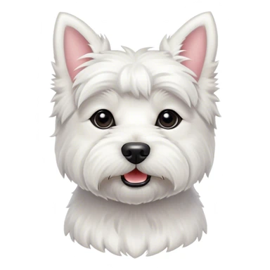 Cinematic Cute West Highland White Terrier Portrait Emoji, Head tilted playfully and inquisitively, featuring a fluffy, immaculate white coat with perky ears, round, sparkling dark eyes filled with curiosity, Simplified yet irresistibly adorable features, highly detailed, glowing with a warm, friendly glow, high shine, affectionate and lively, stylized with a touch of whimsy, bright and endearing, soft glowing outline, capturing the essence of a mischievous yet loving pup, so playful it feels like it could bound out of the screen and into your arms! sticker