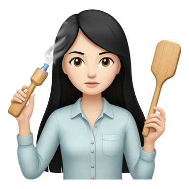 A white woman with long, straight black hair, wearing an ivory-colored shirt, holding a small square wooden paddle hairbrush in her left hand and spraying a hair mist bottle with her right hand toward her hair. sticker