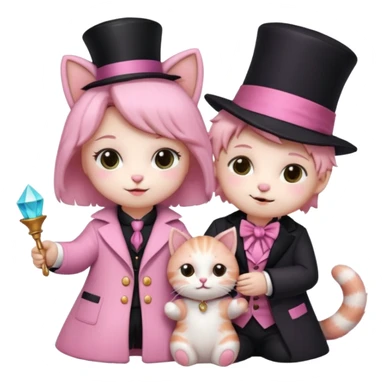 Aesthetic pink teddy magician couple and their pet cat sticker