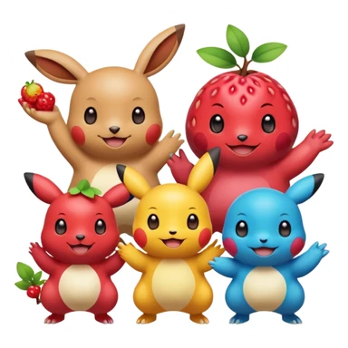 Three Pokémon characters showing kindness and teamwork. One Pokémon is handing a berry to another, while the third Pokémon is cheering and clapping happily. They look joyful and friendly, standing close together in a bright, colorful cartoon scene. The style is cute, playful, and emoji-like. sticker