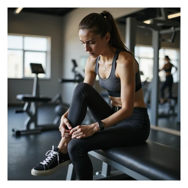 realistic 4K woman sitting on gym bench, removing shoe and looking at insole with doubtful expression, bright realistic environment sticker