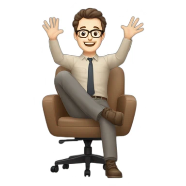 Joyful Celebrating victory Hands up Pale skinned Fit Man With dark brown hair in gray jacket, beige office shirt, Brown pants and vintage glasses sitting In a soft chair sticker
