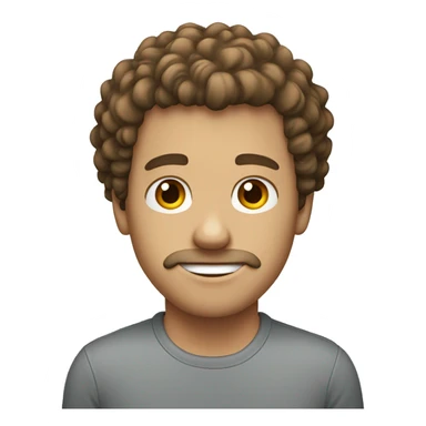 A white guy with a brown mod cut curly hair and a grey shirt sticker