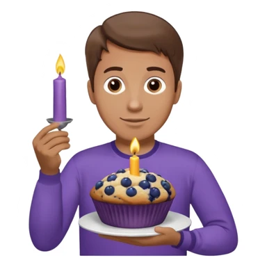 Make a white man with brown hair wearing a shirt that says happy b day Virginia holding a blueberry muffin with a birthday candle in it. Have him holding multiple muffins and no candles in hand. Have him wearing a purple shirt  sticker
