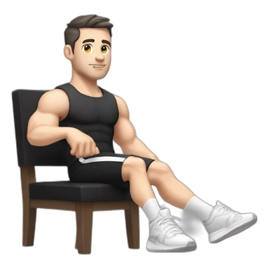 Pale skinned Fit Man With the biceps and dark brown hair in black shirt, gray sports shorts and white Sneakers Sitting on a chair sticker
