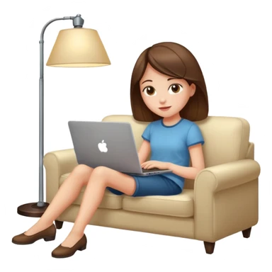 A girl is working with a laptop while lying on a sofa, with a floor lamp to the right. sticker