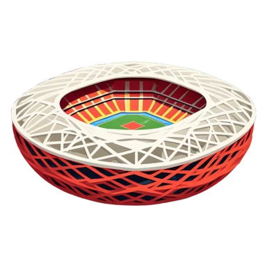 Beijing National Stadium Bird's Nest Olympic structure, simplified emoji style with bold outlines and bright colors, cartoon style modern nest-like building sticker