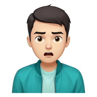 Create a set of 5 Twitch-style emotes based on a young man with short dark hair, expressive eyebrows, and a puzzled or skeptical facial expression. The emotes should be in a cartoon style with clean outlines and vibrant colors. Each emote should reflect a different exaggerated reaction: confusion, shock, laughing, angry, and smug. Use a transparent background and ensure the expressions are clearly readable even at small sizes. The character should be wearing a teal jacket and white t-shirt, as in the reference photo. sticker