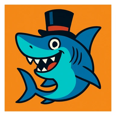 shark wearing a top hat, fun and whimsical style, vibrant toon style sticker