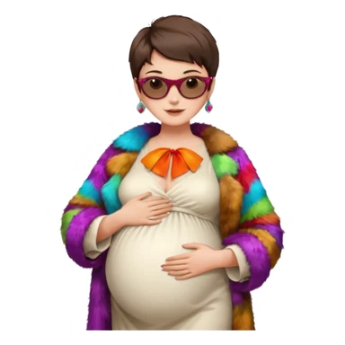 pregnant stylish woman with short pixie brunette hair happily touching her big belly while wearing white dress and fancy brown fur coat and colorful shades sticker