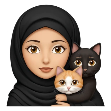 A Arabic woman human with brown eyes and black hijab. , the human is a human no cat ears, two cats, the both cats have the colour black and white in the same colour, not orange cat,  NO CAT EARS ON THE HUMAN ,  sticker