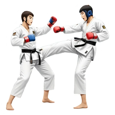 Two taekwondo fighters in traditional white doboks with black belts. One delivers a powerful kick, while the other defends by blocking with his knee. The background shows a professional arena with bright lights and an excited crowd. Transparent background highlights the intense action sticker