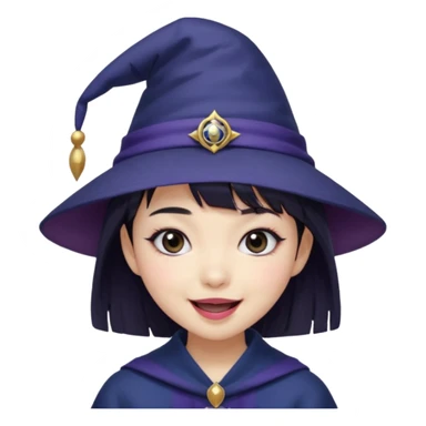 An Asian short-haired girl with short raven hair and bangs, with heterochromia eyed, eyeliner, and laughs with a tiny fang of mauve-toned lipstick, wears a dark navy wizard hat with an emblem on it. sticker