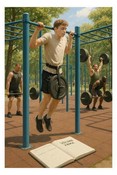 Atleta neofita giovane in un parco attrezzato per streetlifting, fisico ancora in fase iniziale. È intento a eseguire molte ripetizioni di esercizi a corpo libero con pesi leggeri (zavorra moderata), come trazioni e dip su parallele. Accanto a lui un taccuino di allenamento con la scritta 'Volume Prima'. L’atmosfera è luminosa e motivante, con altri atleti più muscolosi che sollevano carichi pesanti, ma lui è concentrato sul gesto tecnico e sulla costanza. Stile realistico, colori naturali, messaggio educativo su priorità all’adattamento progressivo e al volume. sticker