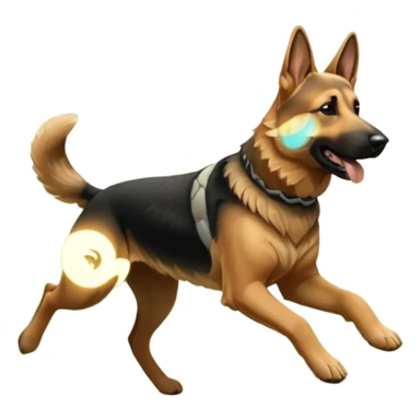 A German Shepherd running through a forest trail, showing strength and motion. Sunlight filtering through trees, dynamic action shot, detailed fur texture. sticker