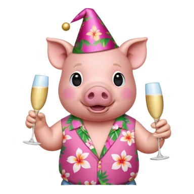 Pig with aloha shirt, birthday hat, champagne glass sticker