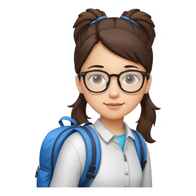 student brunet kid girl, ponytail wearing glasses with backpack sticker