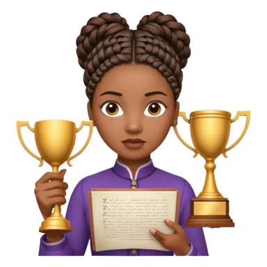 generate an emoji for this phrase, Start strong to earn trust and be noticed. End strong to be remembered. make it a black woman in braids updo looking determined with a script in hand and a trophy sticker