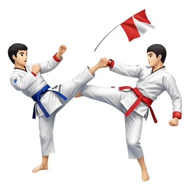 Two taekwondo fighters in a competition arena, one performing a high spinning kick towards the opponent’s head, while the other blocks with a precise guard. The background features a dynamic, bright arena with flags, emphasizing speed and agility in the martial art. Transparent background  sticker