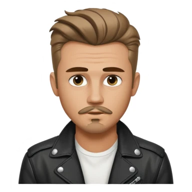 guy with slick James dean hair with front tendrils, mustache and goatee facial hair, wearing a white shirt and a black leather jacket , several silver piercings in ear sticker