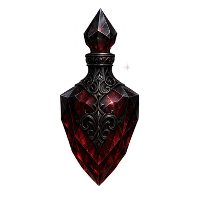 luxurious crystal elixir bottle, gothic and edgy style, dark red color, ornate black and silver details, very sharp facets, extra magical glowing and sparkling effects, very small neck, seamless bottom, transparent background, bottle clearly floating in air, no base or shadow, modern, collection style sticker