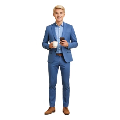 Confident and outgoing male entrepreneur, Caucasian features, short blonde hair, big friendly smile, expressive eyes, wearing a blue blazer over a light blue shirt, dark trousers and brown shoes, holding a smartphone in one hand and a coffee cup in the other, standing pose, full-body, front-facing sticker