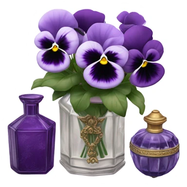 A pink aesthetic still-life: a decorative candle in a glass jar, violet pansies in a crystal vase, and an ornate purple perfume bottle sticker