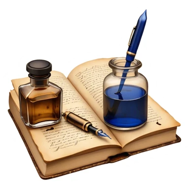 Create a vibrant emoji representing prose writing with an old-style, antique look. The design should include semi-turned pages of an old book with unfinished prose written on them. Add a vintage ink bottle (inkwell) and a classic fountain pen or quill with black or dark blue ink flowing onto the pages. Use warm, earthy tones like deep browns, golds, and creams for the book and ink bottle, with subtle ink splatters for an artistic touch. The overall style should evoke a sense of timeless storytelling and literary craftsmanship. Make the background transparent. sticker