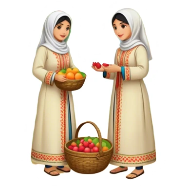 Palestinian women dressed in traditional embroidered thobes harvesting fruit in an orchard. Their vibrant and intricately designed dresses reflect deep heritage, while their coordinated efforts collecting fruit in a woven basket sticker