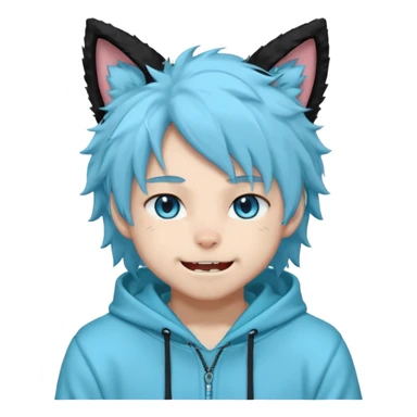 A fluffy anime-style male character with black fur, cat ears, a long fluffy tail, and sharp blue eyes. He wears a light cyan hoodie that says 'Imagine and go with the flow' and matching sweatpants. He has sharp fangs that show when he smiles, giving him a playful but mysterious vibe. sticker